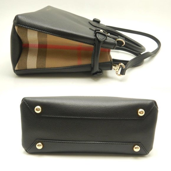 Burberry Small Banner Bag Calf Canvas Check Pattern Crossbody Black - Picture 2 of 8